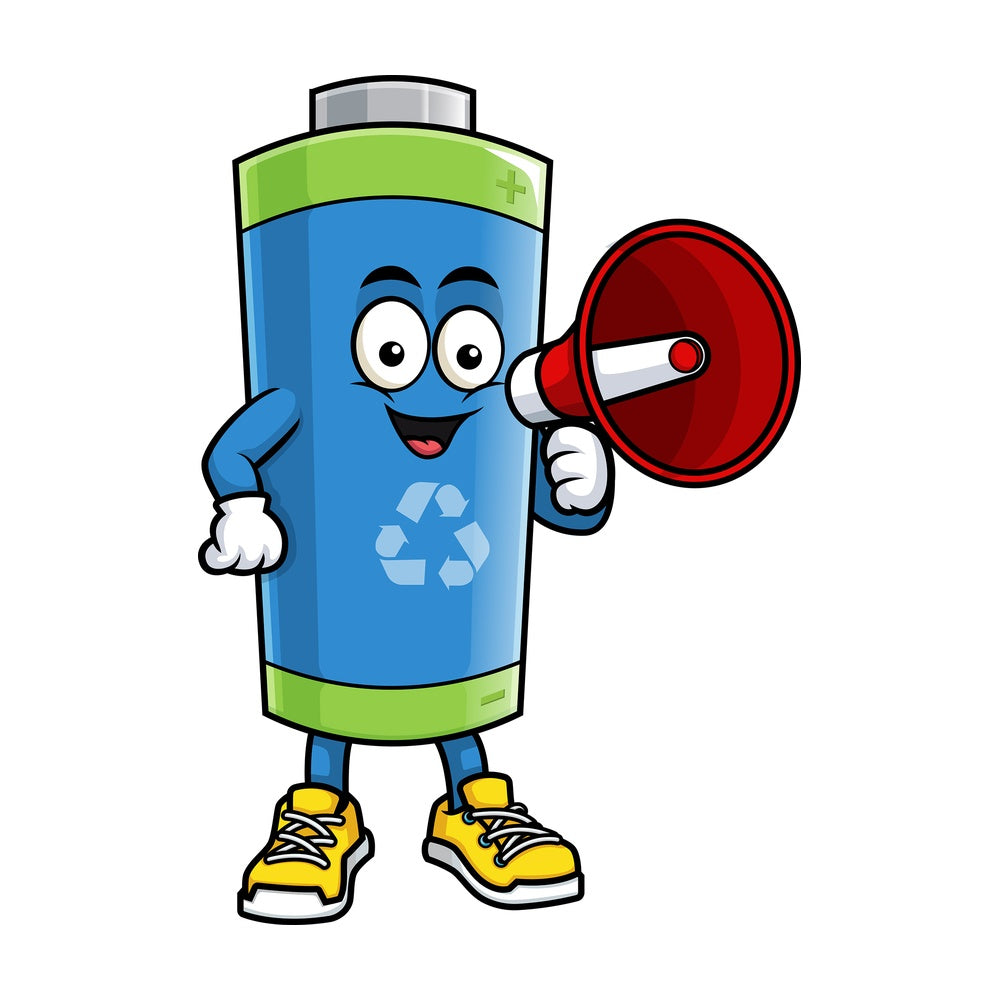 Green ecological battery holding megaphone. PNG - JPG and vector EPS (infinitely scalable).