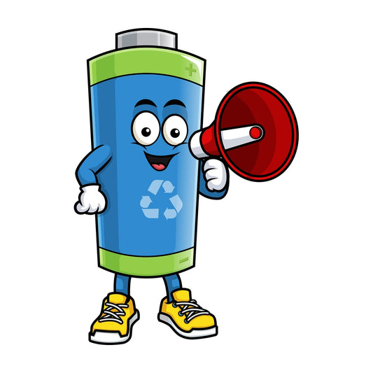Green ecological battery holding megaphone. PNG - JPG and vector EPS (infinitely scalable).