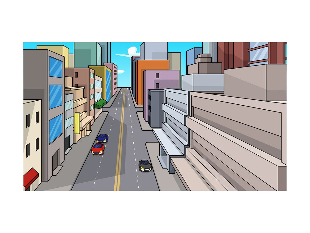 Downtown city street background in 16:9 aspect ratio. PNG - JPG and vector EPS file formats (infinitely scalable).