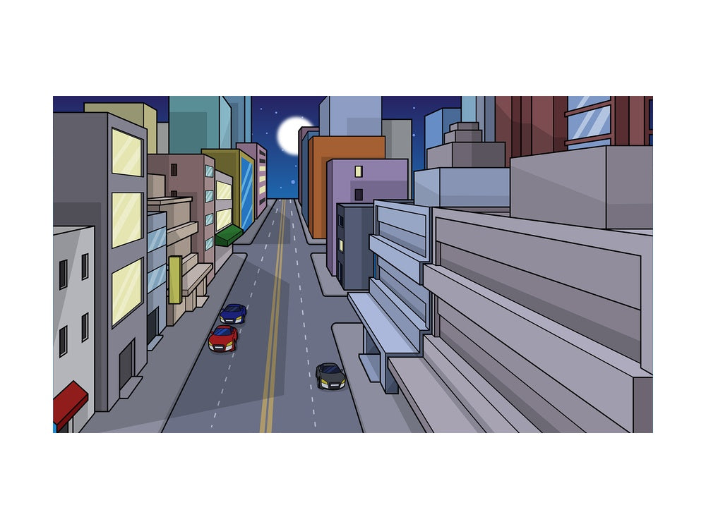 Downtown city street at night background in 16:9 aspect ratio. PNG - JPG and vector EPS file formats (infinitely scalable).