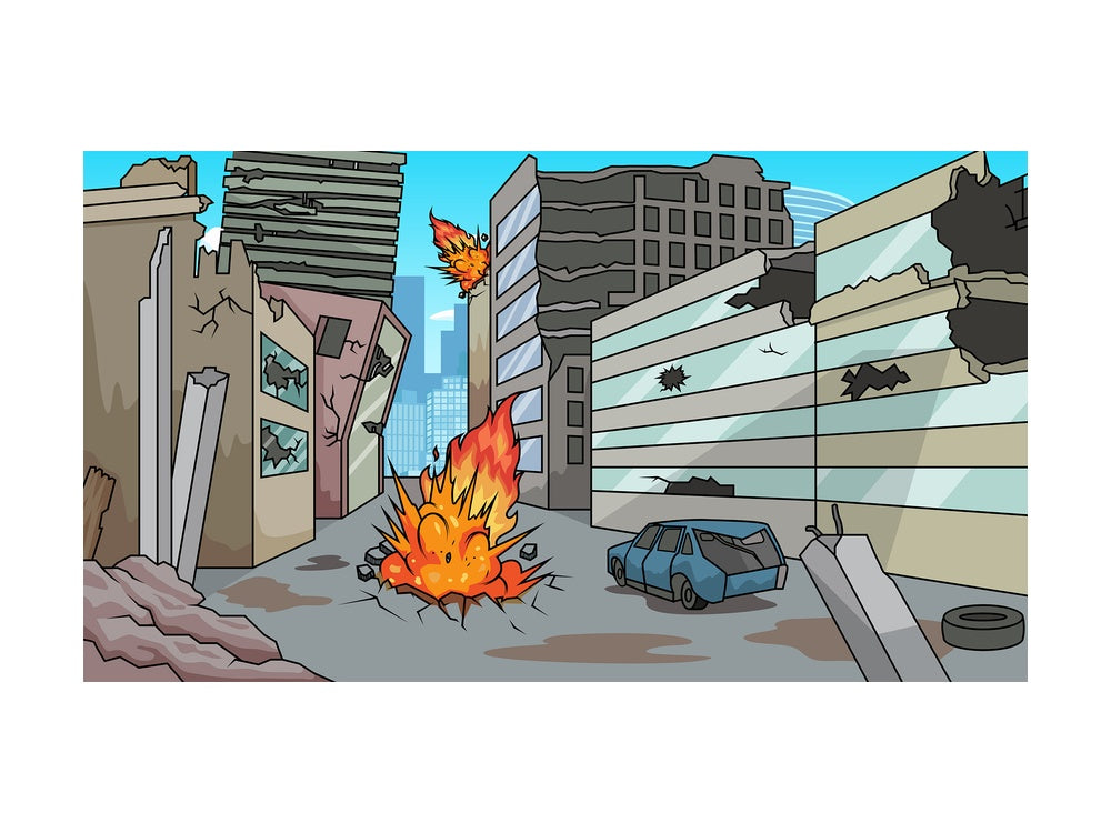 Destroyed city background in 16:9 aspect ratio. PNG - JPG and vector EPS file formats (infinitely scalable).