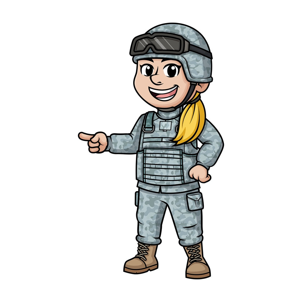 Female soldier pointing to the side. PNG - JPG and vector EPS (infinitely scalable). Image isolated on transparent background.
