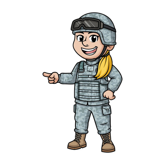 Female soldier pointing to the side. PNG - JPG and vector EPS (infinitely scalable). Image isolated on transparent background.