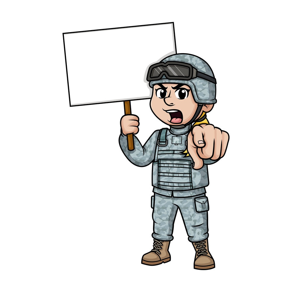Female soldier holding blank sign. PNG - JPG and vector EPS (infinitely scalable). Image isolated on transparent background.