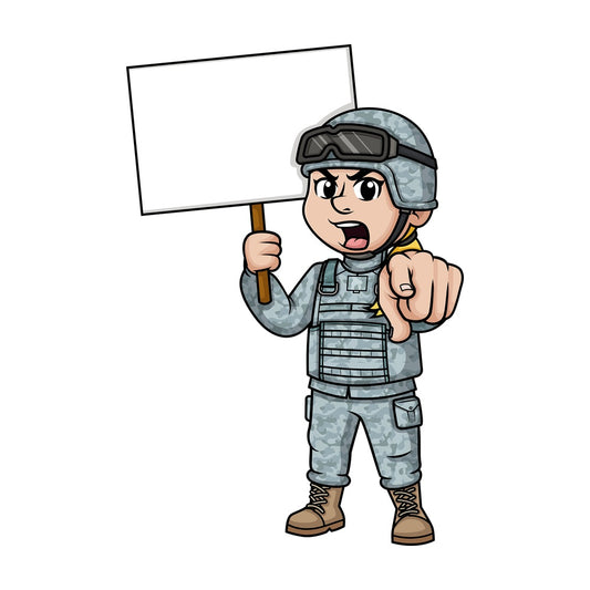 Female soldier holding blank sign. PNG - JPG and vector EPS (infinitely scalable). Image isolated on transparent background.