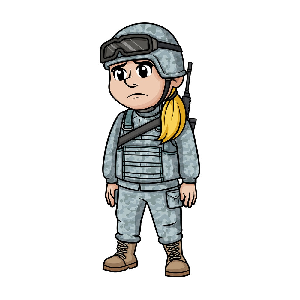 Sad female soldier. PNG - JPG and vector EPS (infinitely scalable). Image isolated on transparent background.