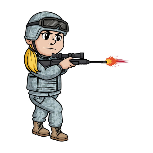 Female soldier firing her rifle. PNG - JPG and vector EPS (infinitely scalable). Image isolated on transparent background.