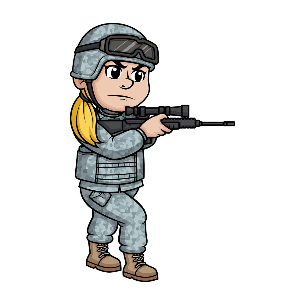 Female soldier aiming with weapon. PNG - JPG and vector EPS (infinitely scalable). Image isolated on transparent background.