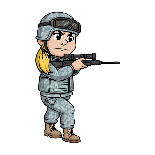 Female soldier aiming with weapon. PNG - JPG and vector EPS (infinitely scalable). Image isolated on transparent background.