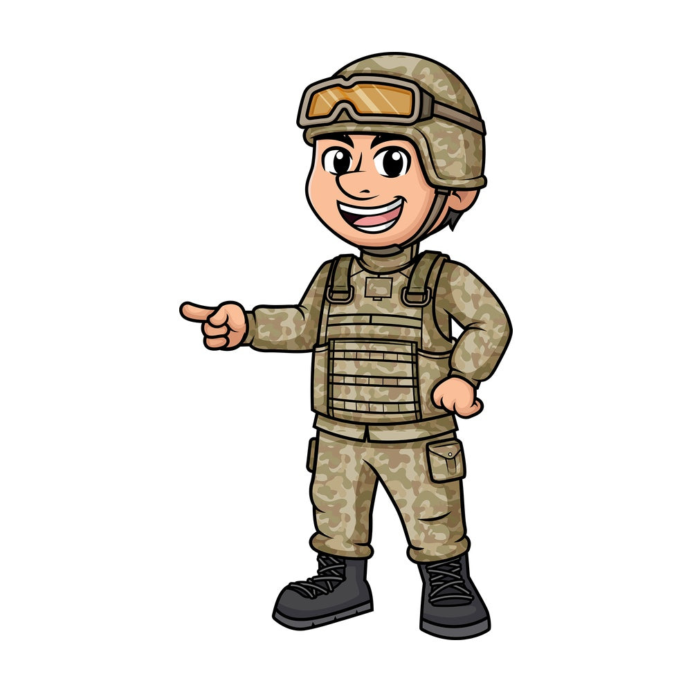 Male soldier pointing sideways. PNG - JPG and vector EPS (infinitely scalable). Image isolated on transparent background.