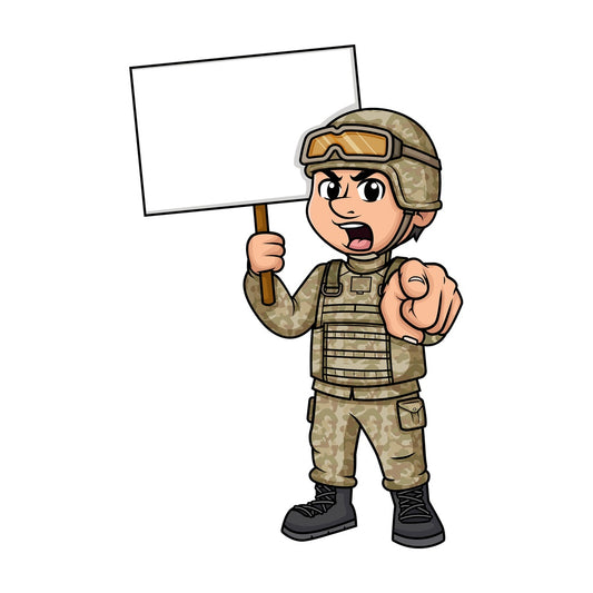 Male soldier holding empty sign. PNG - JPG and vector EPS (infinitely scalable). Image isolated on transparent background.