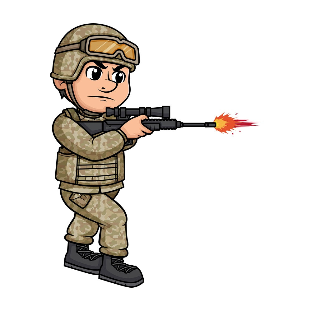 Male soldier firing with his weapon. PNG - JPG and vector EPS (infinitely scalable). Image isolated on transparent background.