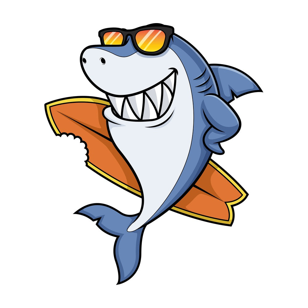 Surfer shark holding surfboard. PNG - JPG and vector EPS (infinitely scalable).