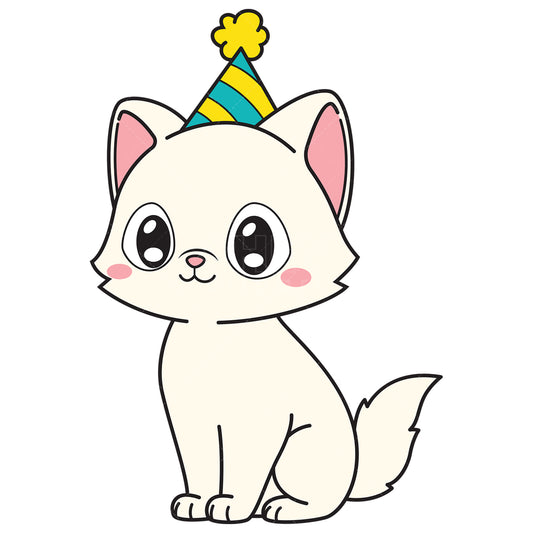 Royalty-free vector illustration of a white cat with birthday party hat.