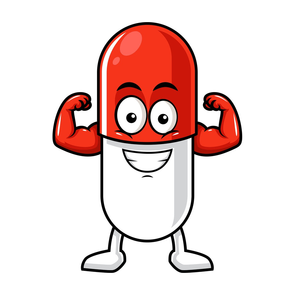 Capsule pill character flexing muscles. PNG - JPG and vector EPS (infinitely scalable).