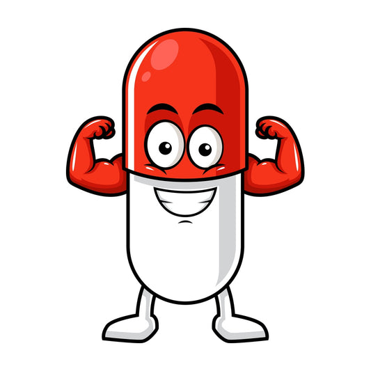 Capsule pill character flexing muscles. PNG - JPG and vector EPS (infinitely scalable).