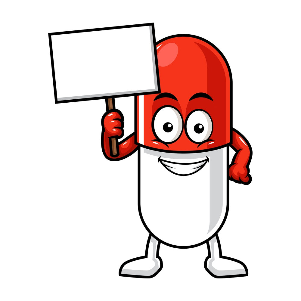 Capsule pill character holding blank sign. PNG - JPG and vector EPS (infinitely scalable).