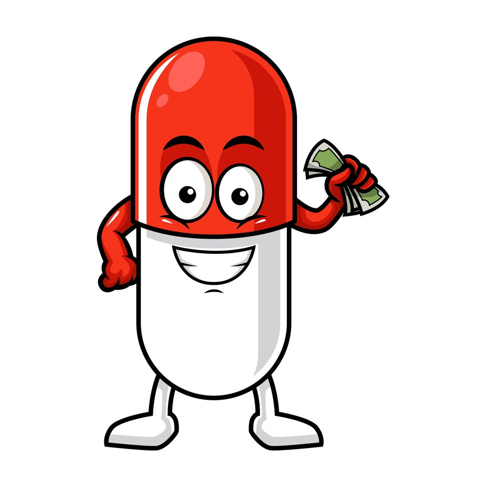 Capsule pill character holding money. PNG - JPG and vector EPS (infinitely scalable).
