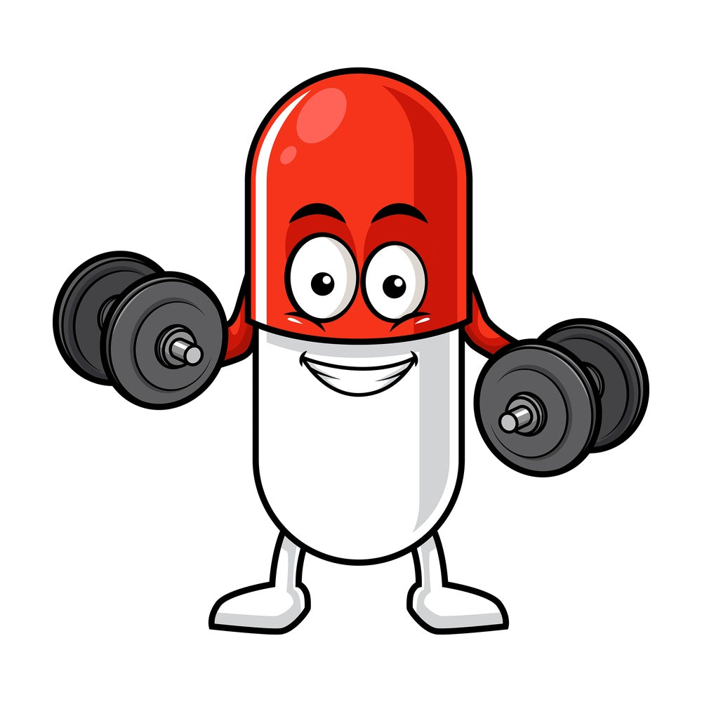 Capsule pill character lifting weights. PNG - JPG and vector EPS (infinitely scalable).