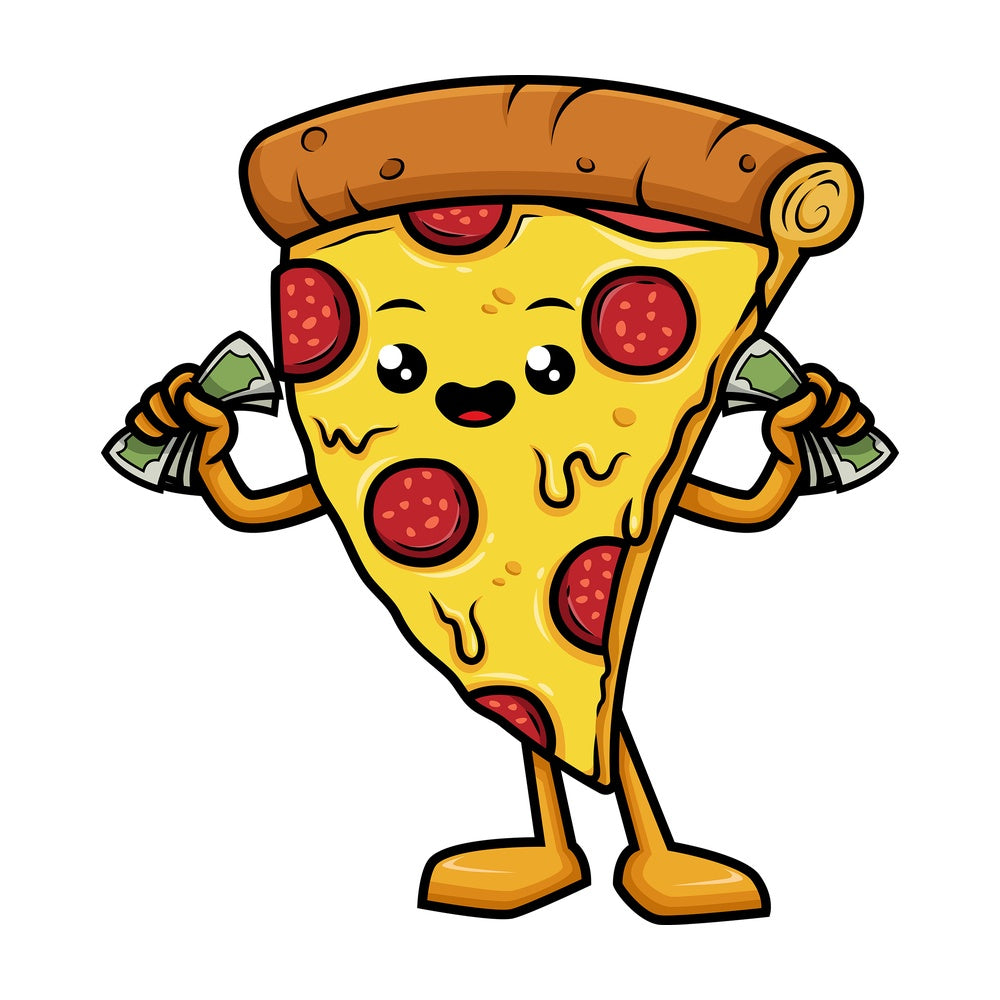 Pizza character holding money. PNG - JPG and vector EPS (infinitely scalable).