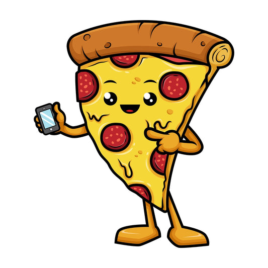 Pizza character holding mobile phone. PNG - JPG and vector EPS (infinitely scalable).