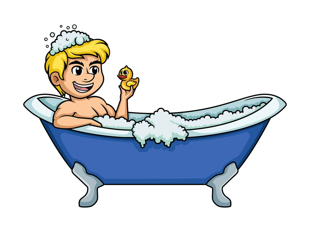 Man holding yellow duck in bathtub. PNG - JPG and vector EPS (infinitely scalable).