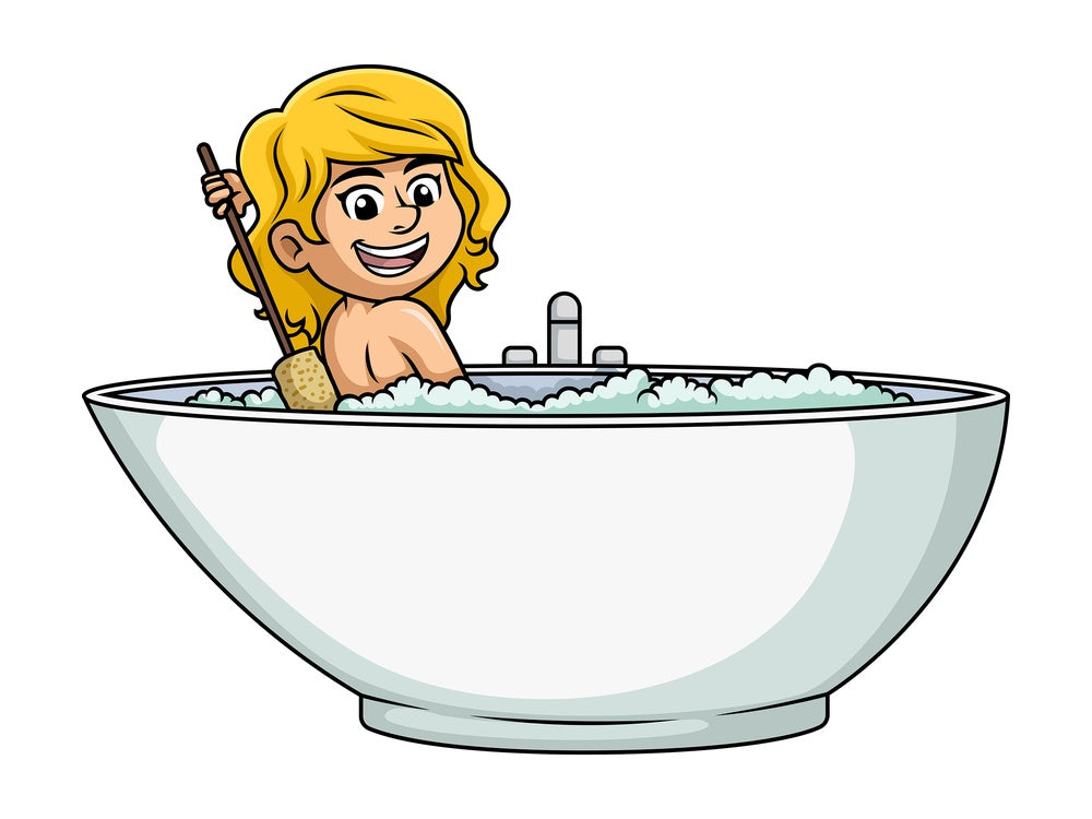 Woman using bath brush to rub her back. PNG - JPG and vector EPS (infinitely scalable).