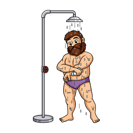 Overweight man taking a shower. PNG - JPG and vector EPS (infinitely scalable).