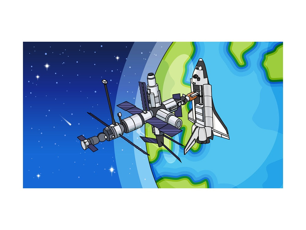 Space shuttle docking at iss background in 16:9 aspect ratio. PNG - JPG and vector EPS file formats (infinitely scalable).