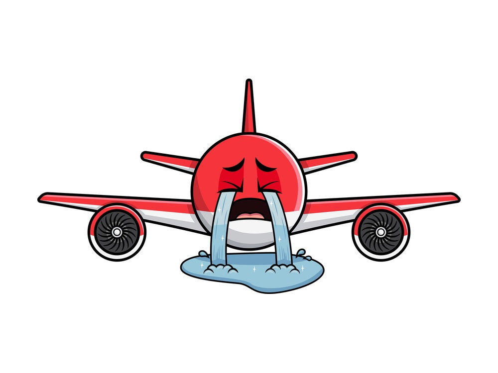 Crying with wailing tears airplane emoticon. PNG - JPG and vector EPS file formats (infinitely scalable). Image isolated on transparent background.