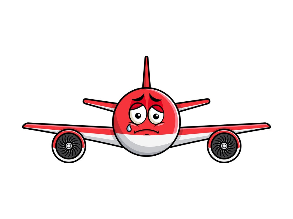 Teared up sad airplane emoticon. PNG - JPG and vector EPS file formats (infinitely scalable). Image isolated on transparent background.