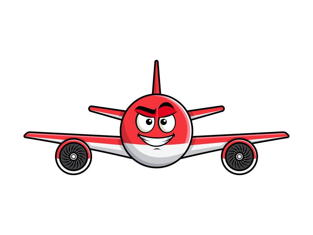 Cunning evil face airplane emoticon. PNG - JPG and vector EPS file formats (infinitely scalable). Image isolated on transparent background.