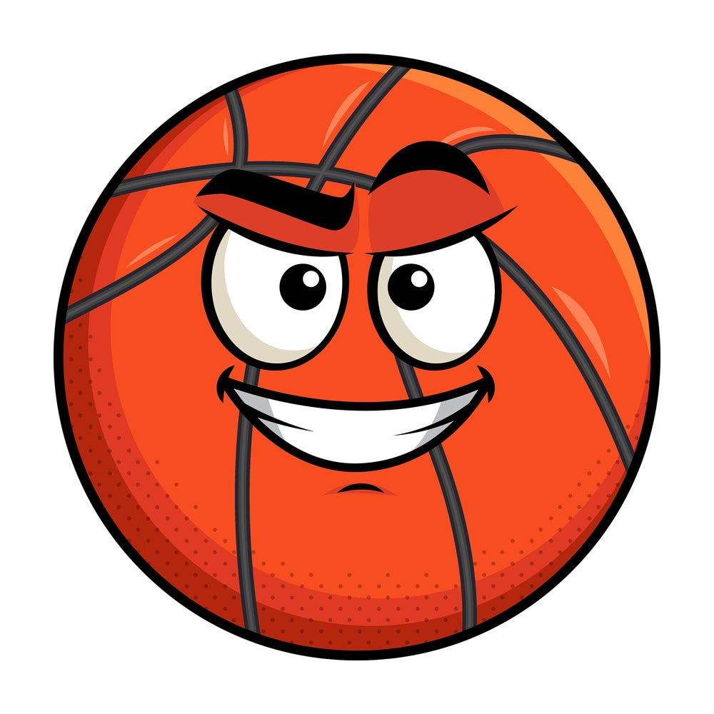 Cunning evil face basketball emoticon. PNG - JPG and vector EPS file formats (infinitely scalable). Image isolated on transparent background.