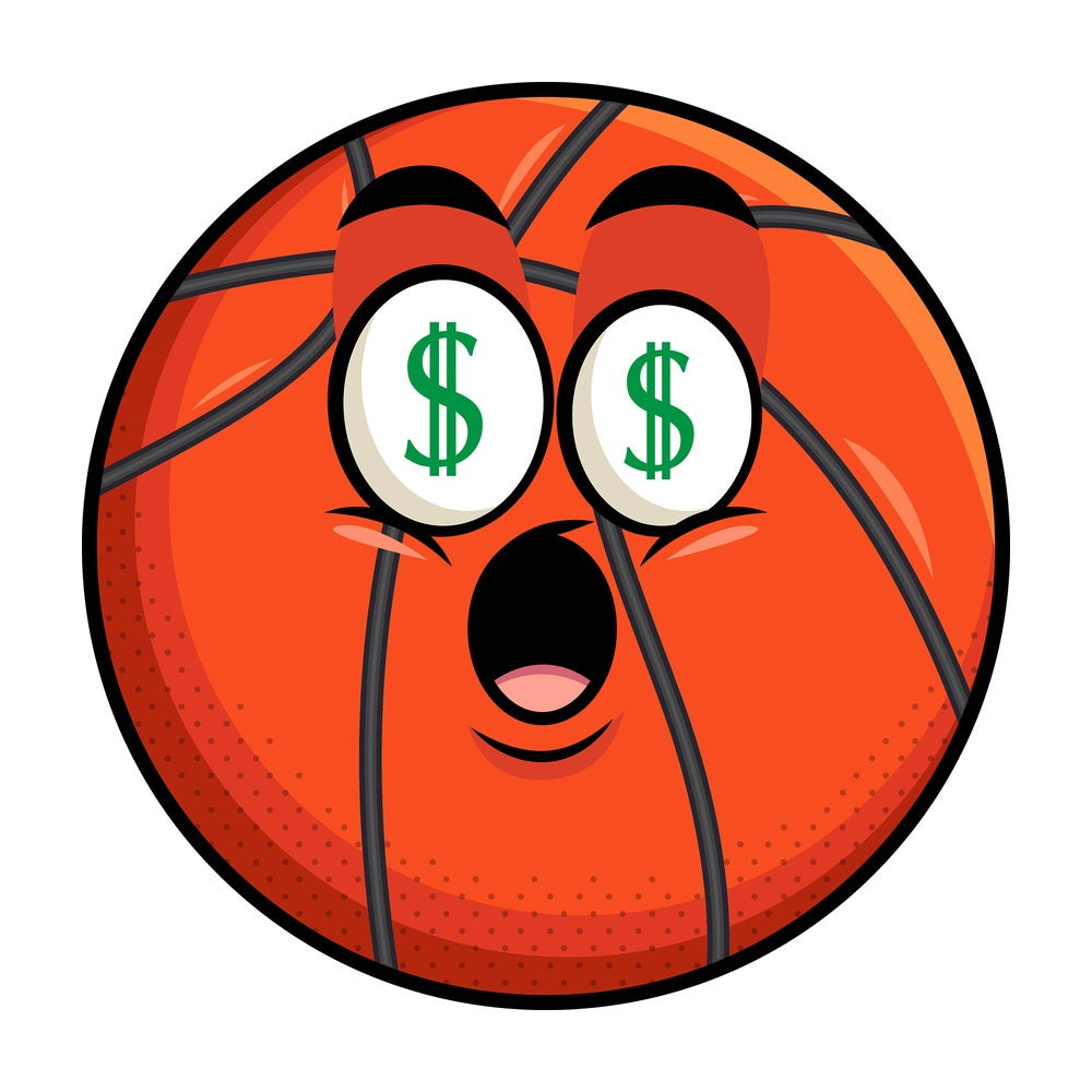 Basketball with money eyes emoticon. PNG - JPG and vector EPS file formats (infinitely scalable). Image isolated on transparent background.
