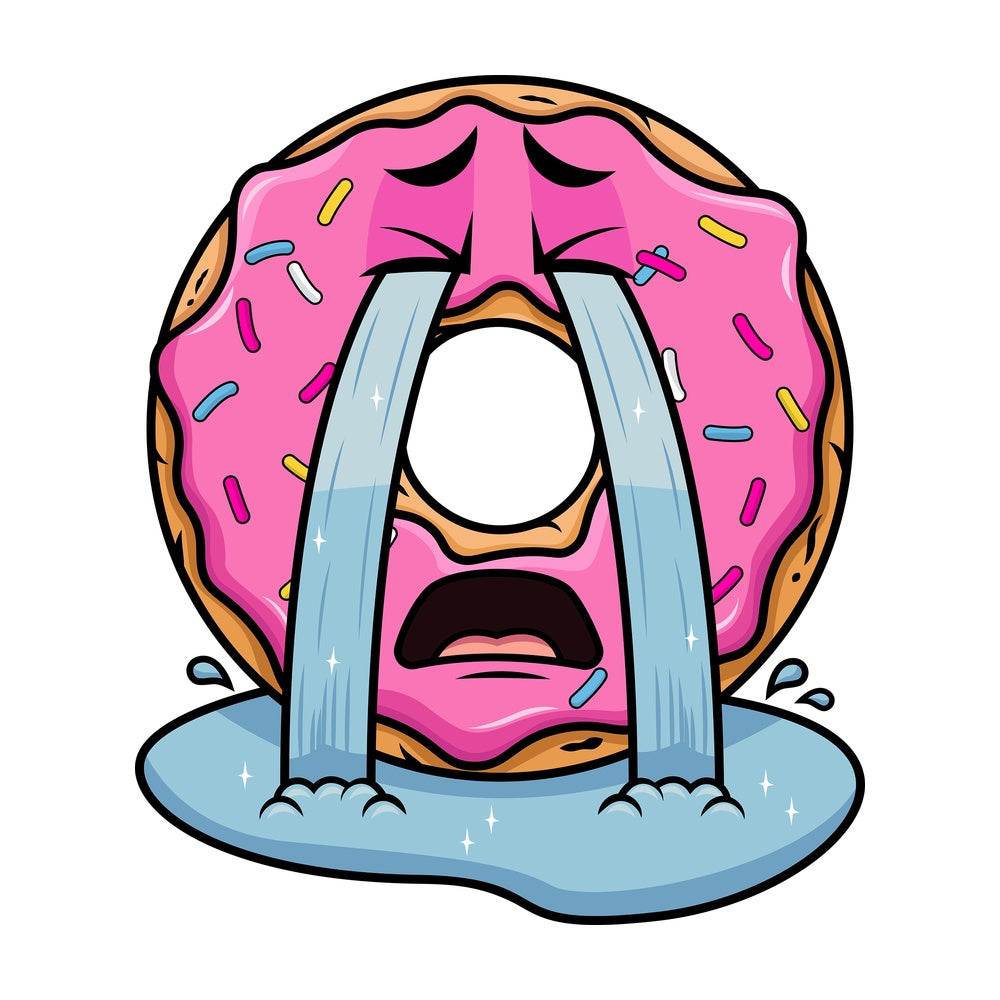 Crying with wailing tears donut emoticon. PNG - JPG and vector EPS file formats (infinitely scalable). Image isolated on transparent background.