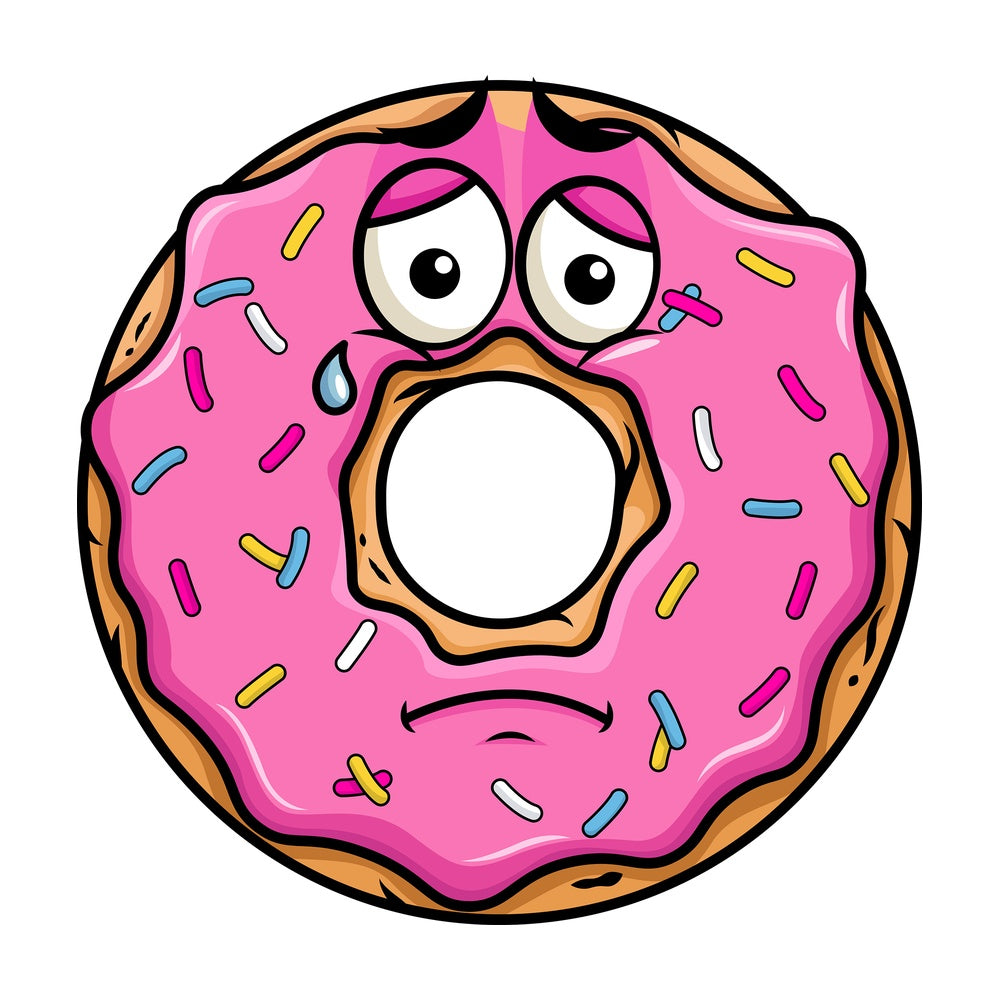 Teared up sad donut emoticon. PNG - JPG and vector EPS file formats (infinitely scalable). Image isolated on transparent background.