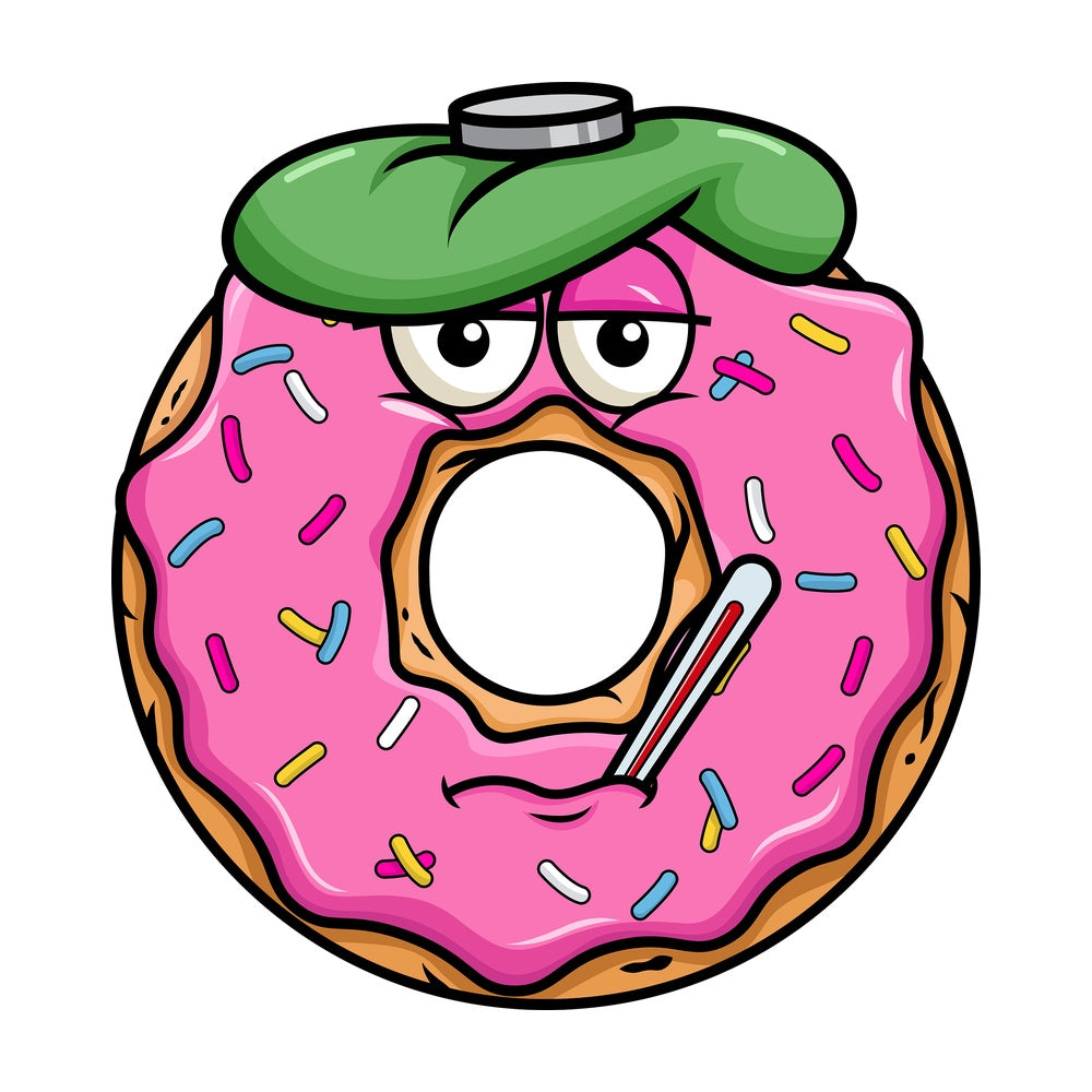 Feverish sick donut emoticon. PNG - JPG and vector EPS file formats (infinitely scalable). Image isolated on transparent background.