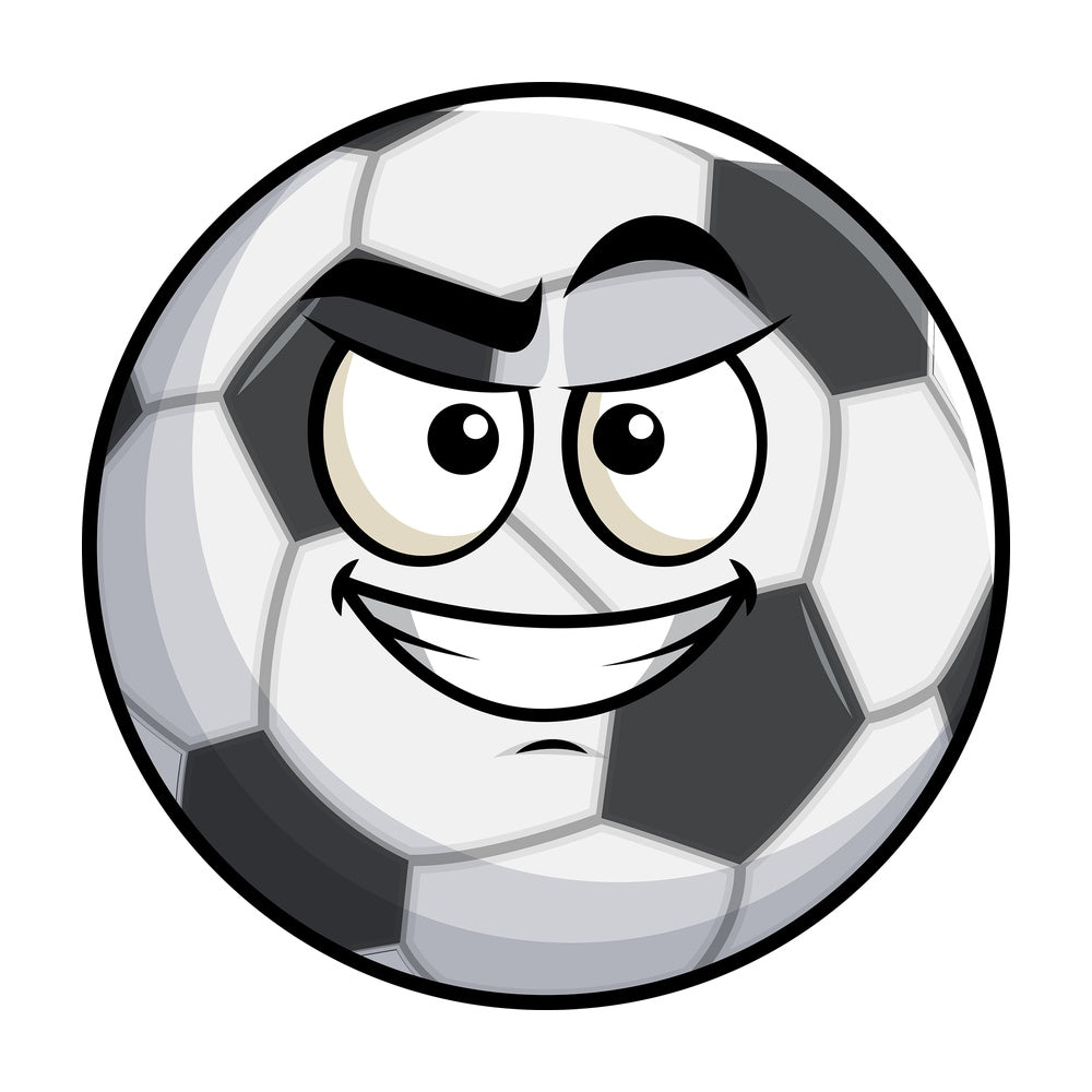 Cunning evil face soccer ball emoticon. PNG - JPG and vector EPS file formats (infinitely scalable). Image isolated on transparent background.