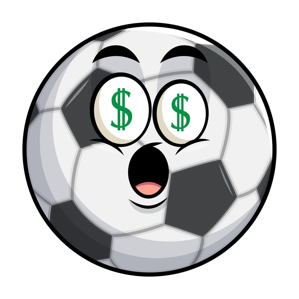 Soccer ball with money eyes emoticon. PNG - JPG and vector EPS file formats (infinitely scalable). Image isolated on transparent background.