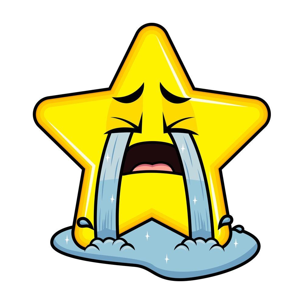 Crying with wailing tears star emoticon. PNG - JPG and vector EPS file formats (infinitely scalable). Image isolated on transparent background.
