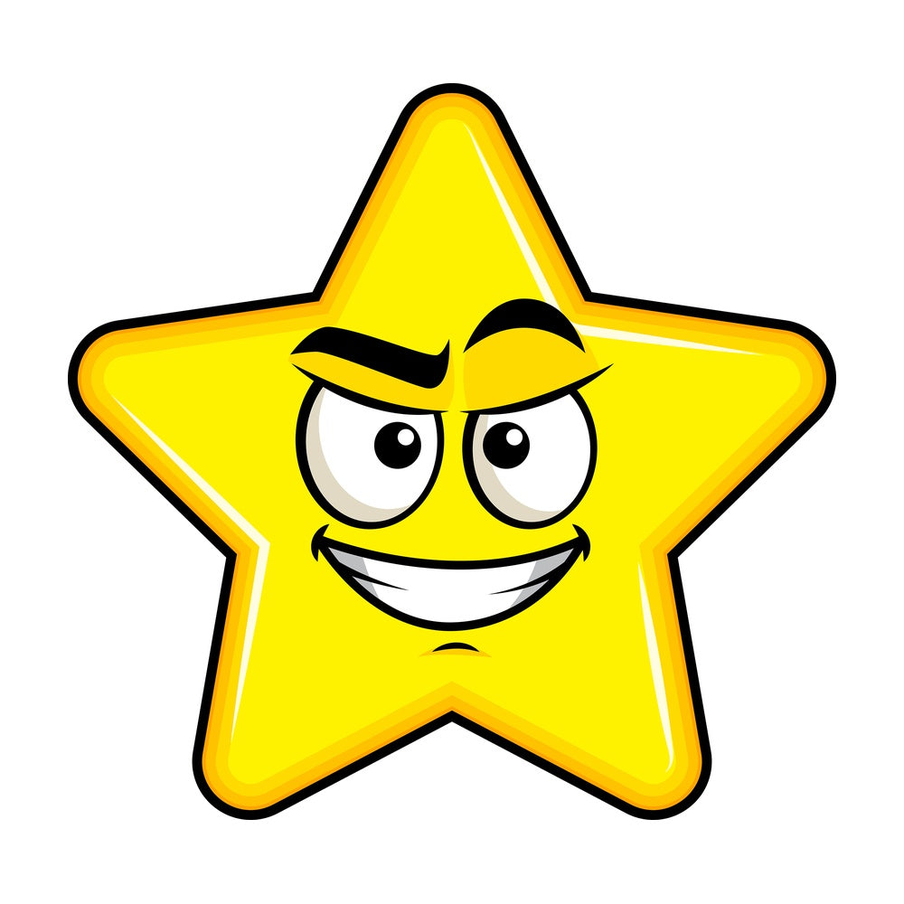 Cunning evil face star emoticon. PNG - JPG and vector EPS file formats (infinitely scalable). Image isolated on transparent background.