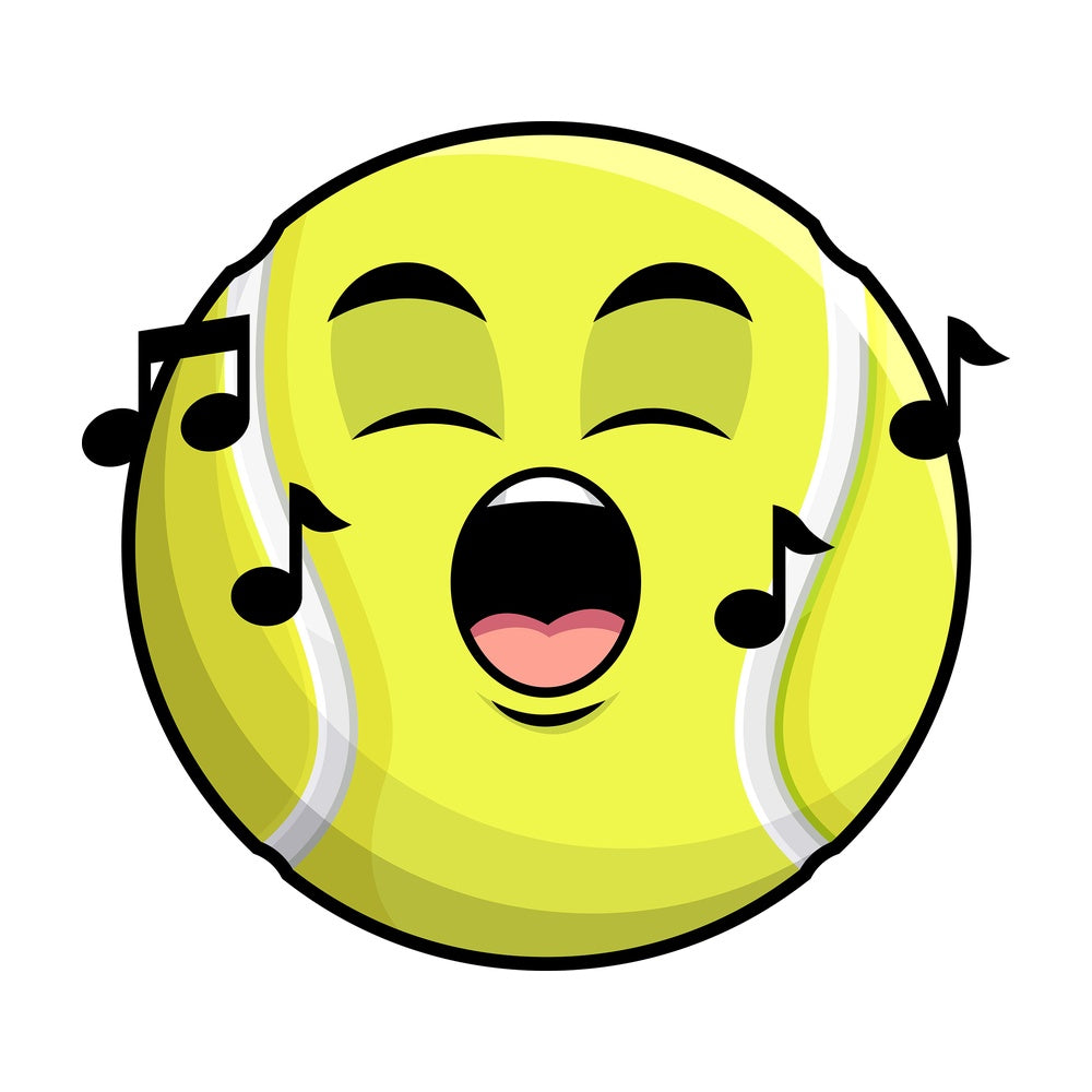Singing tennis ball emoticon. PNG - JPG and vector EPS file formats (infinitely scalable). Image isolated on transparent background.