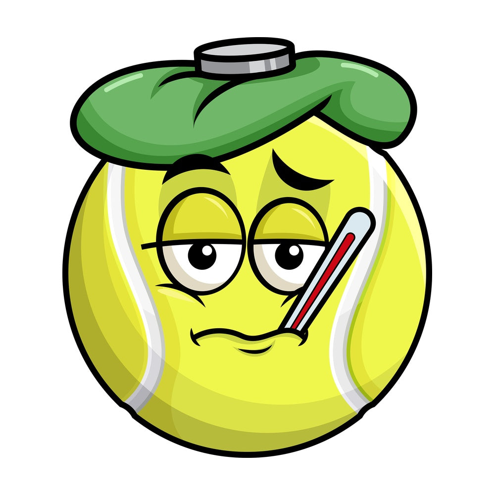Feverish sick tennis ball emoticon. PNG - JPG and vector EPS file formats (infinitely scalable). Image isolated on transparent background.