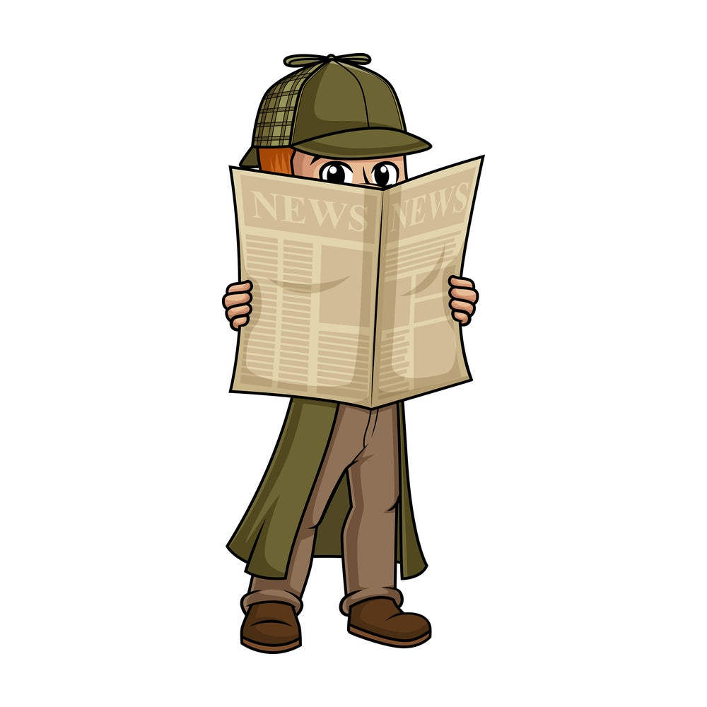 Detective hiding behind newspaper. PNG - JPG and vector EPS (infinitely scalable).