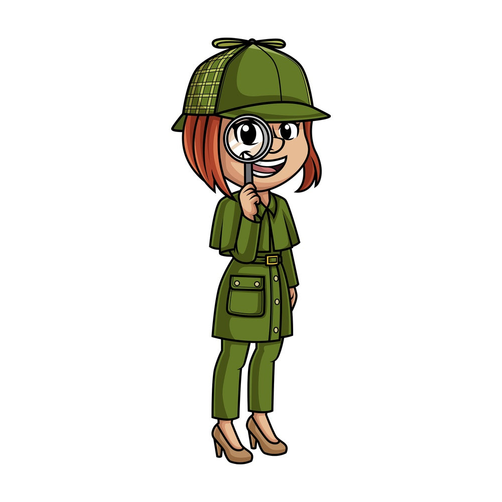 Woman detective with magnifying glass. PNG - JPG and vector EPS (infinitely scalable).