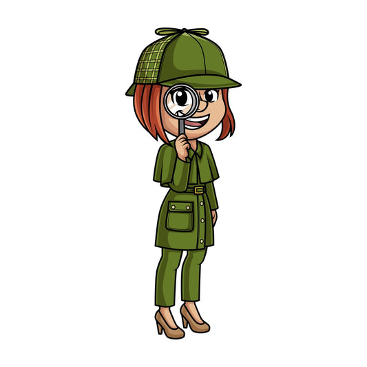 Woman detective with magnifying glass. PNG - JPG and vector EPS (infinitely scalable).