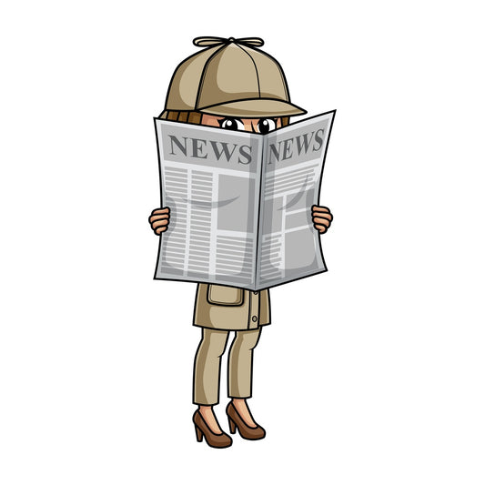 Female detective hiding behind newspaper. PNG - JPG and vector EPS (infinitely scalable).