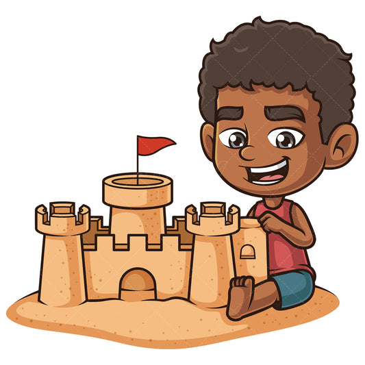 Royalty-free stock vector illustration of a african-american boy building sandcastle.