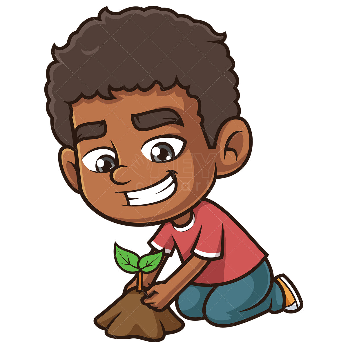 Royalty-free stock vector illustration of a african-american boy planting tree.