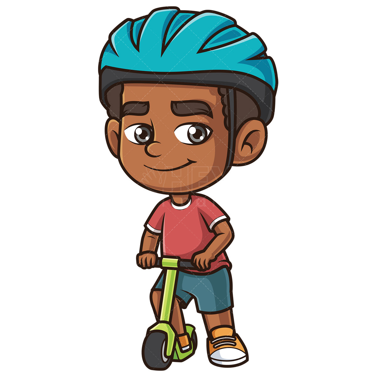 Royalty-free stock vector illustration of an african-american boy riding scooter.